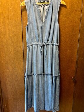 Lands End Sleeveless Blue Denim Maxi Dress with Drawstring Waist